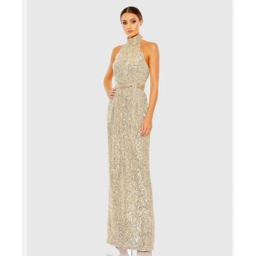 La Femme Gold Sequin Halter Neck Open Back Formal Gown Dress 31133 Womens 4‎